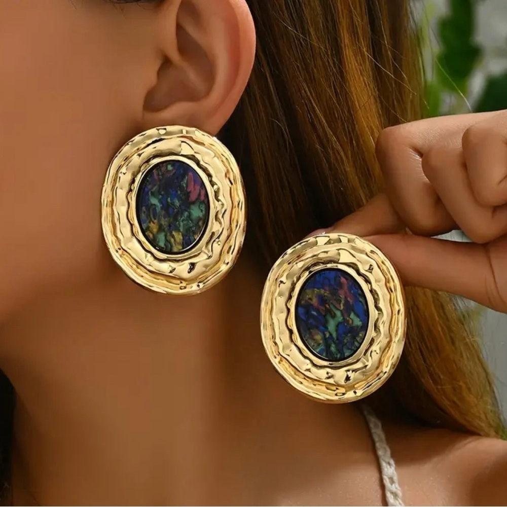 Round Blue And Gold Statement Earrings